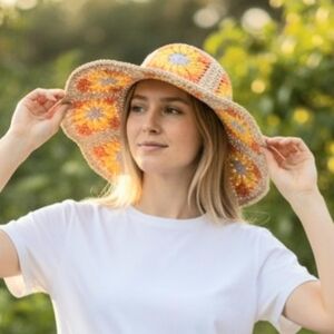 Crochet Straw Sun Hat with Orange Floral Motif - Women's Beach Hat